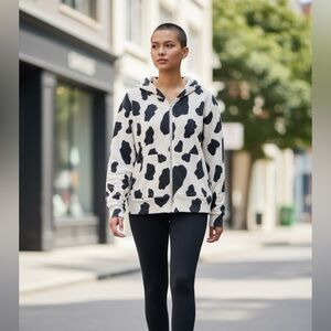 Cow print hooded skippered jacket with pockets, size L